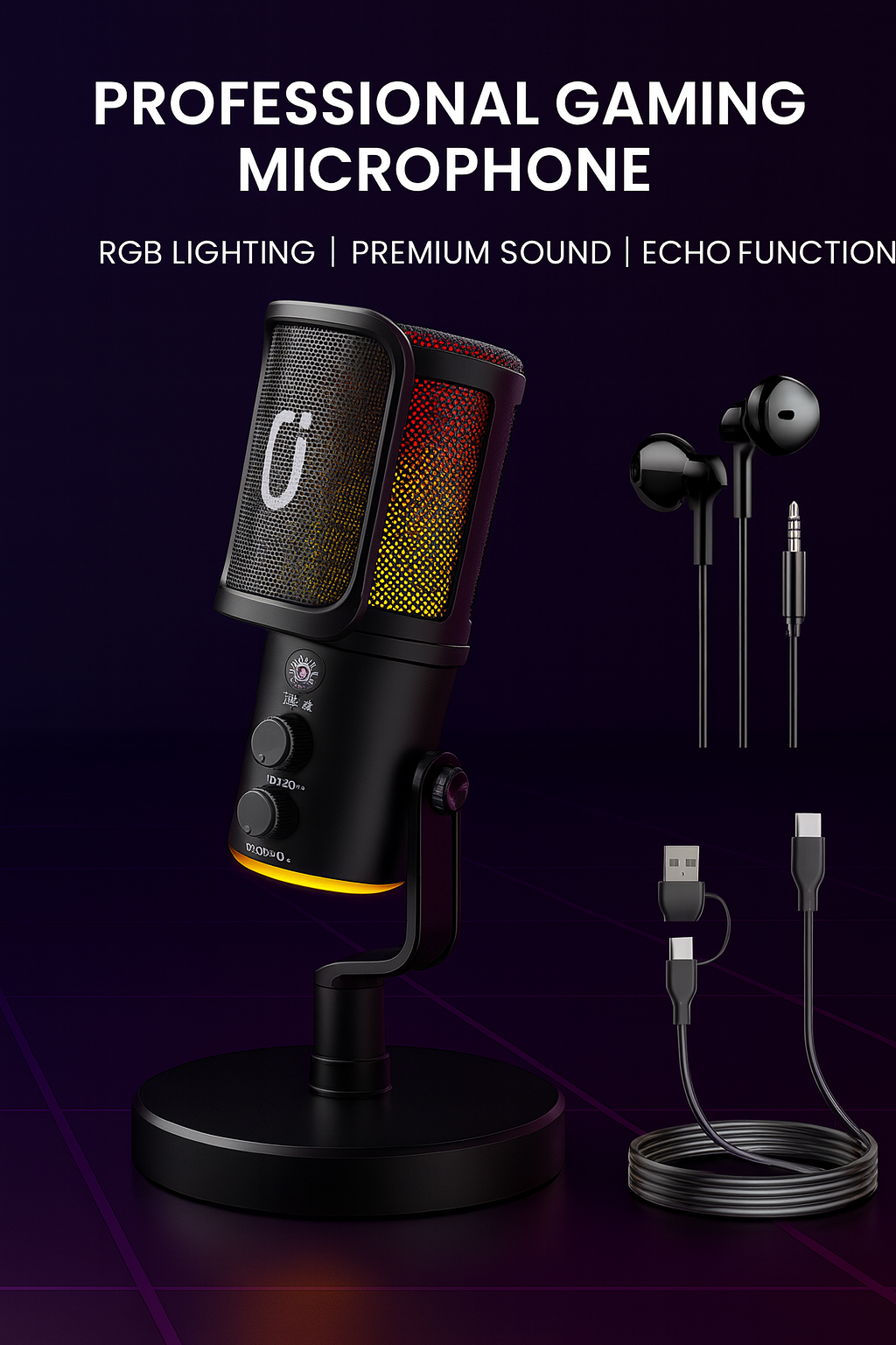 USB/XLR Dynamic Microphone for Podcast Recording, PC Computer Gaming Streaming Mic with RGB Light, Mute Button, Headphones Jack